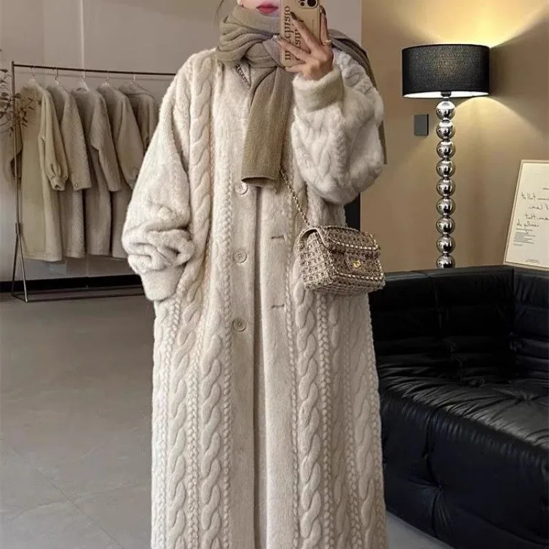 Thicken Knit Loose Coat Women Full Sleeve Single Breasted Fashion Female Cardigan Winter Warm Long Cardigan solid Lady Outerwear