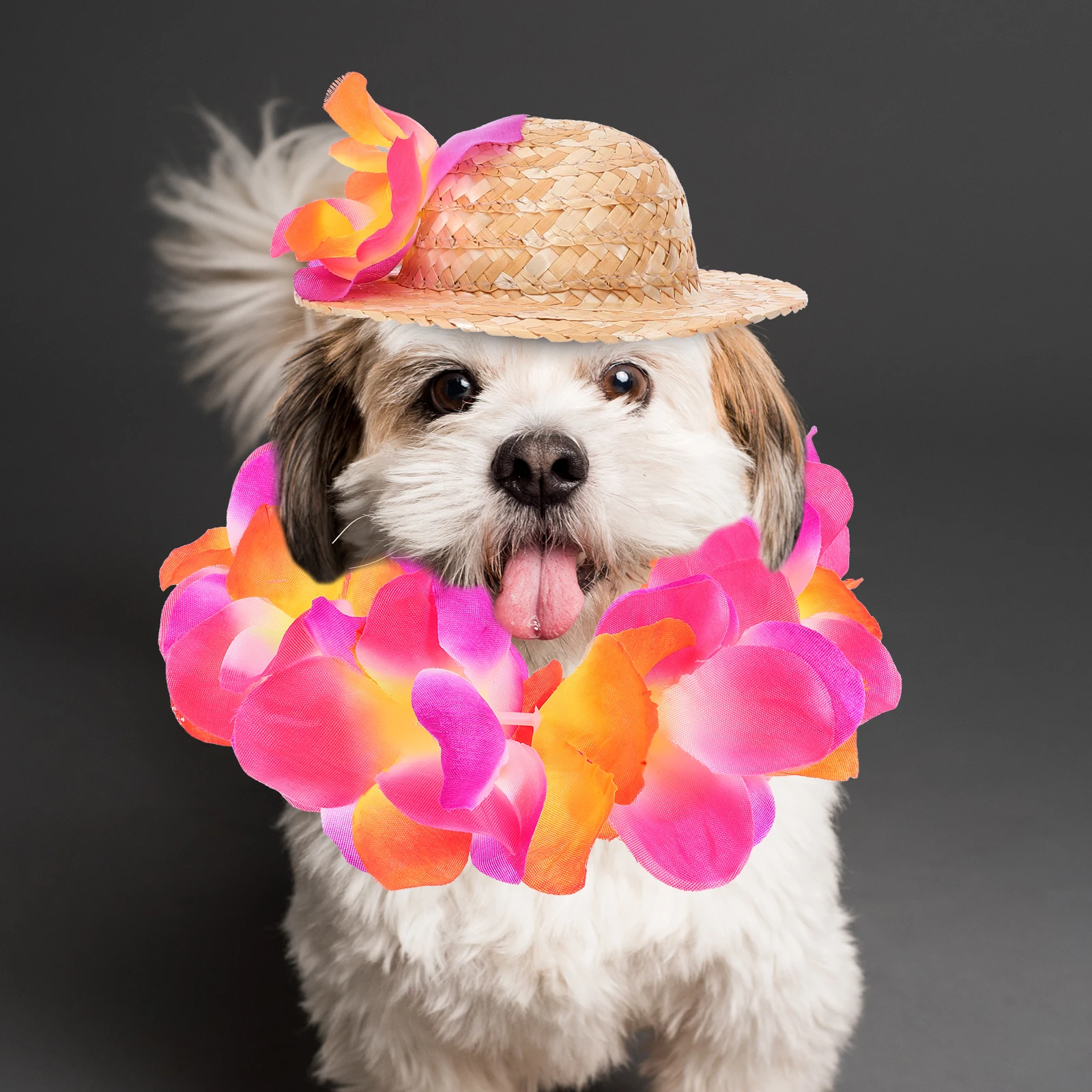 

Pet Clothing Hawaiian Straw Hat Garland Small Dog Collar Beach Photo Prop Puppy Outfit Summer Casual Wear Adjustable Straps Dog