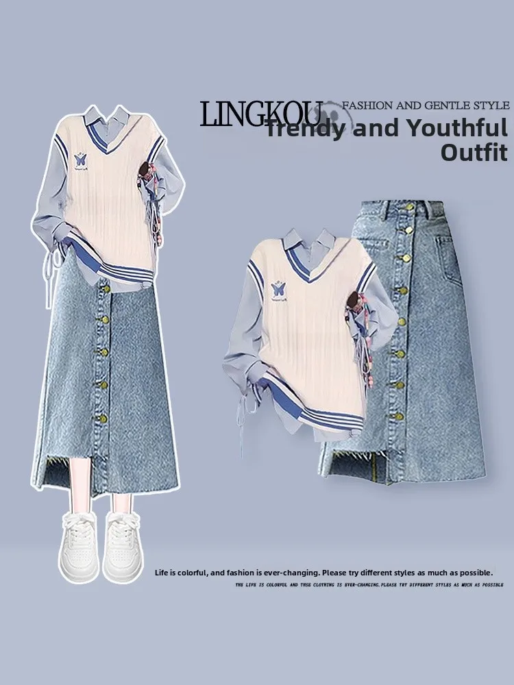 

Large Size Autumn Preppy Sle Women's Knitted Vest And irt Combo with Denim Skirt Tee Piece Set for Young at Heart