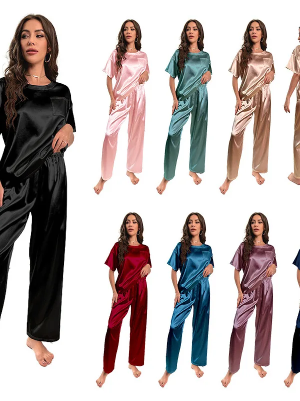 

Faionable Home Wear Set ortsved irt And Long Pants round Ne ort Sve Pure Color Comfortable Breathable for Young ...