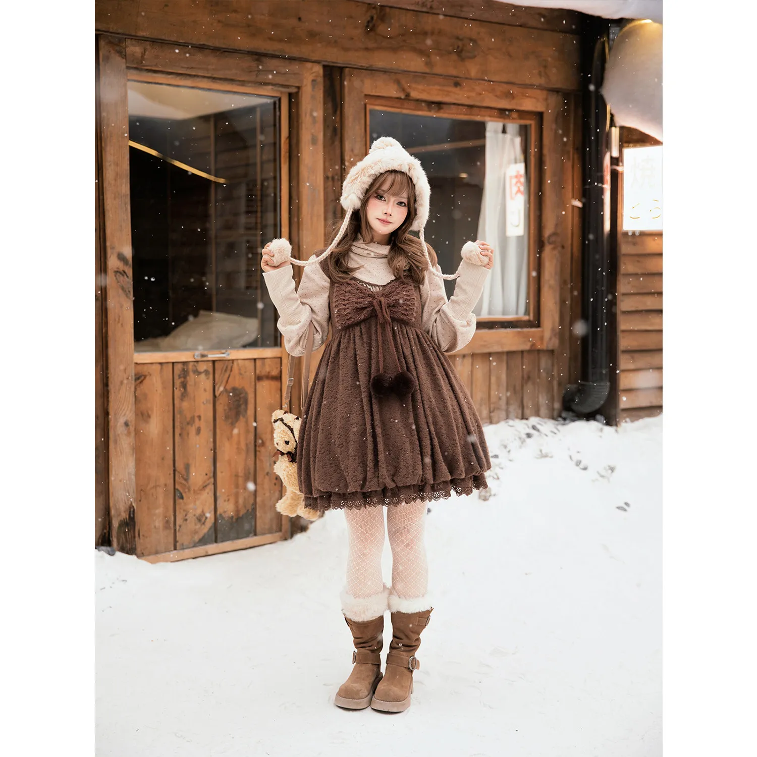 

Vintage Doll Feel Large Butterfly Pom-Pom Bud Strap Dress Spring Autumn Sleeveless Plush Lace Knitted Dress