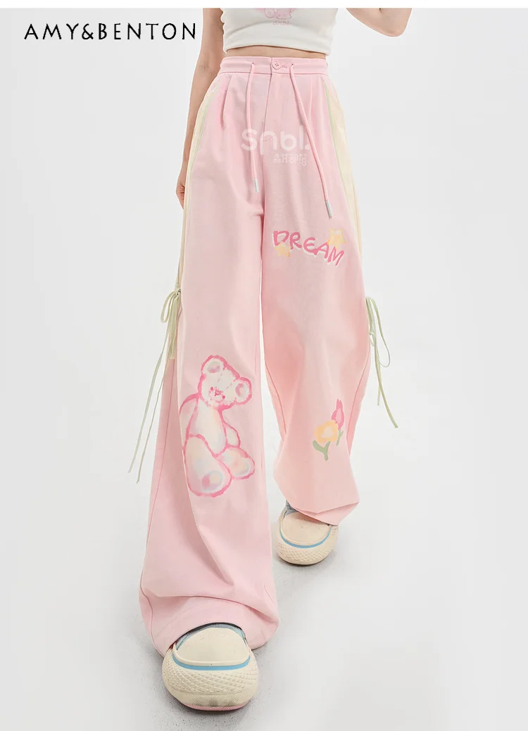 

2025 Summer New Women's Sweet Style Pink Bear Print High Waist Slim Fit Versatile Casual Cotton Wide Leg Pants