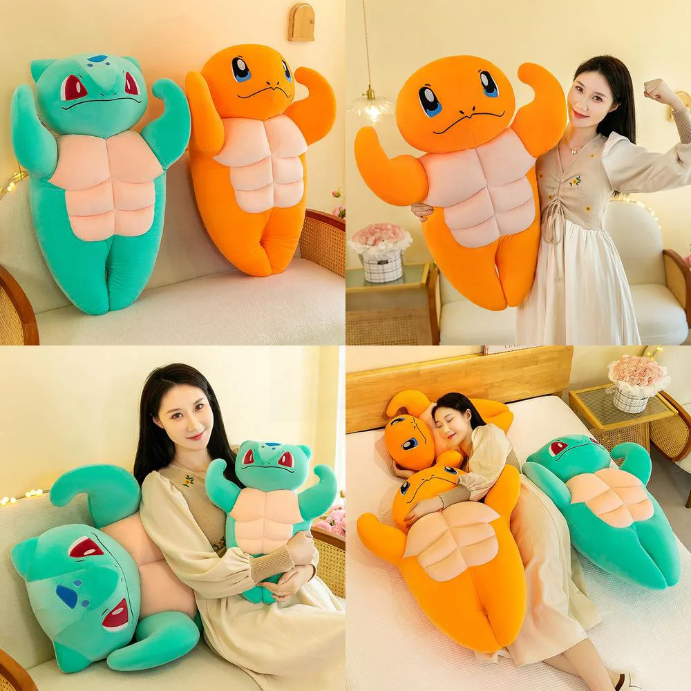 Kawaii Charmander Plush Toy Muscle Charmander Stuffed Doll Cartoon Squirtle Soft Pillow Kids Birthday Christmas Gift for Kids
