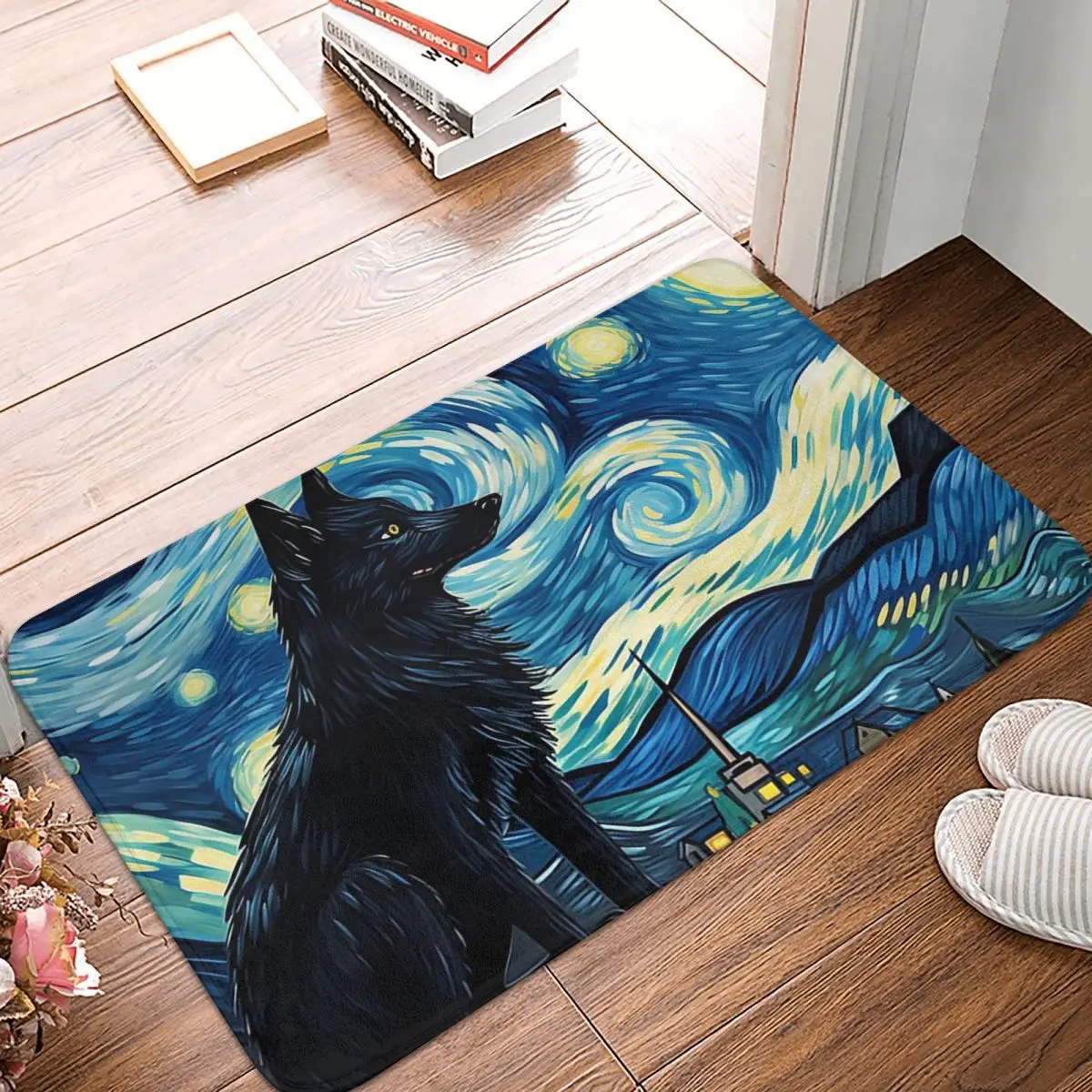 Starry Night Wolf Van Gogh Inspired Painting Non-slip Doormat Floor Mat Carpet Rug for Kitchen Entrance Bathroom Footpad Mats