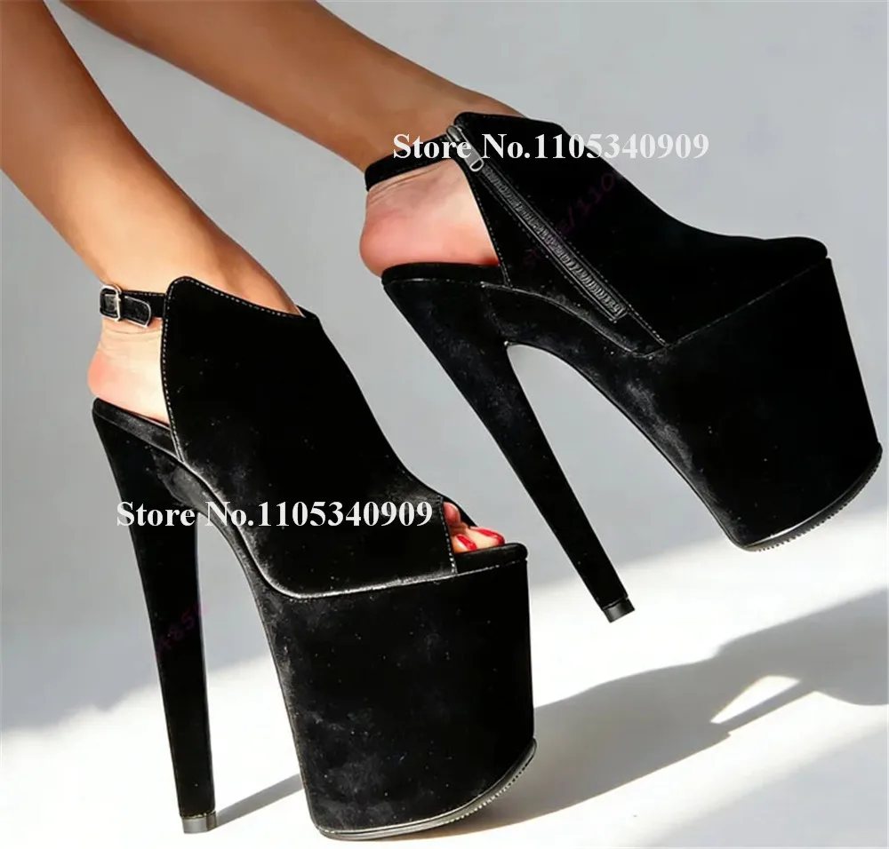Bondarenko Super High Platform Stiletto Heel Short Boots Peep Toe Black Pink White Suede Cut-out Thin Heel Stage Dance Shoes