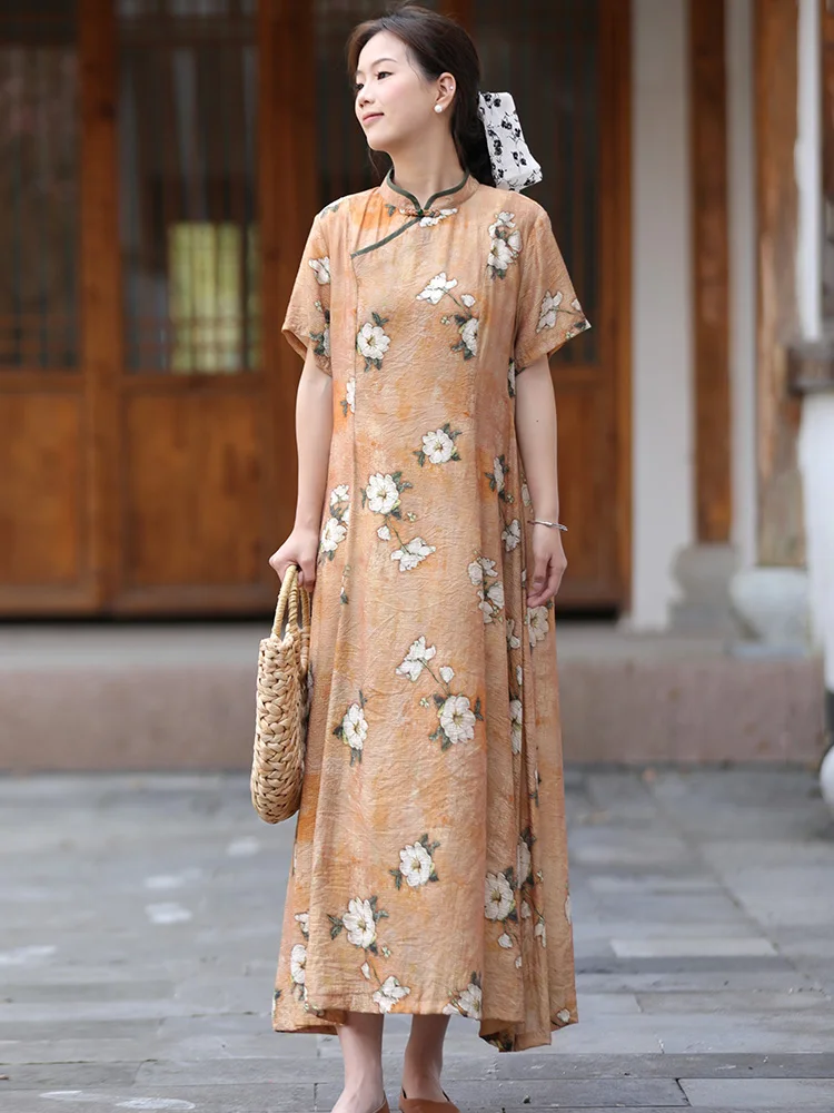 

Летнее винтажное платье-ципао из шелка с принтом, охлаждающее, элегантное, приталенное, с низким разрезом, в китайском стиле