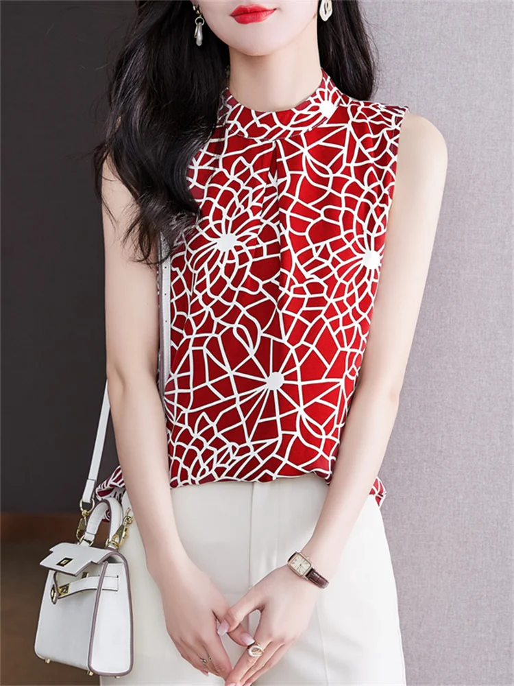 Fashion Women Blouse Elegant Chiffon Blouse Summer 2022 Sleeveless Red  Print  Tank Top Office Lady Formal Shirts