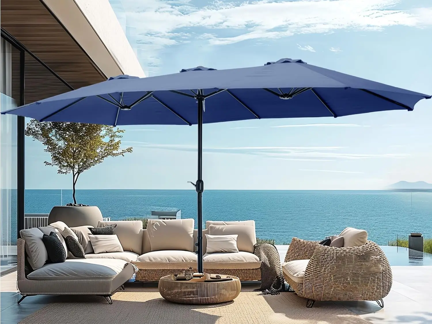 

PHI VILLA 15ft Large Patio Umbrellas with Base Outdoor Double-Sided Rectangle Market Umbrella for Pool Lawn Garden Haze Blue