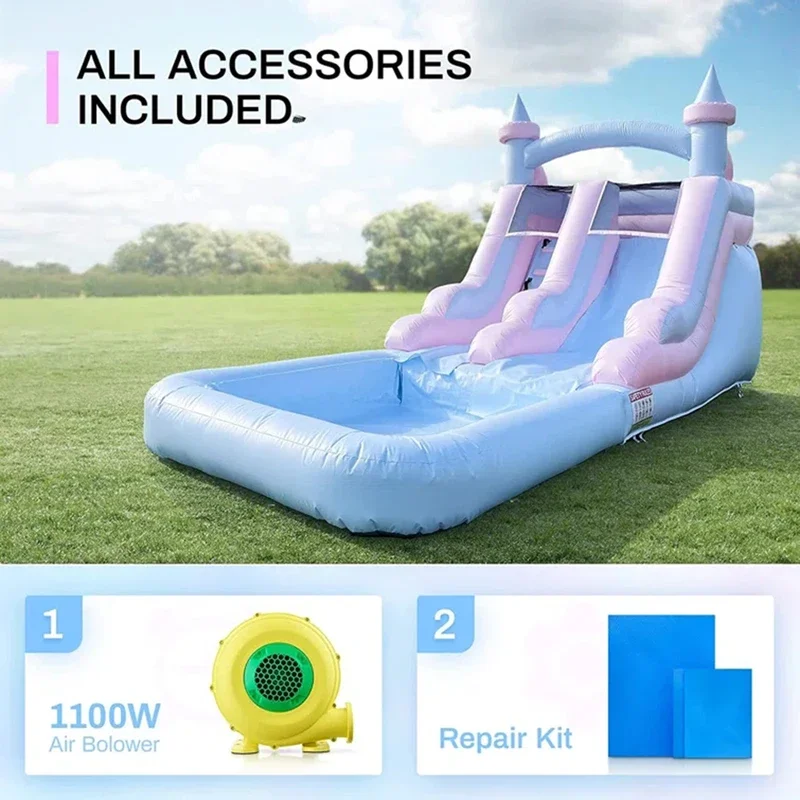 Glissière d'eau gonflable de qualité commerciale avec piscine anti-éclaboussures, château gonflable pour adultes et enfants, piquets de soufflage inclus, expédition