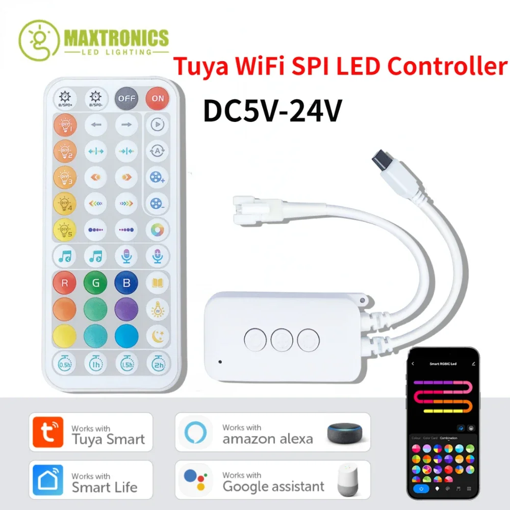 New Tuya WiFi SPI LED Controller With IR44 Keys Remote Bluetooth Music Cntrol for WS2811 WS2812 FCOB RGB IC Strip Light DC5V-24V