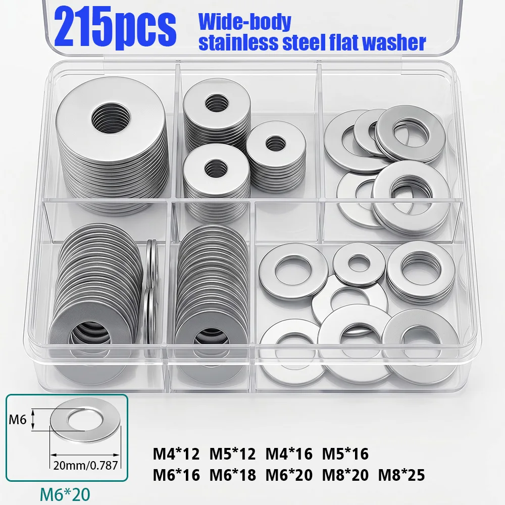 215 Large Wide-Body Stainless Steel Flat Washers M4-M8 for Home, Kitchen, Shop, and Outdoor Construction Maintenance