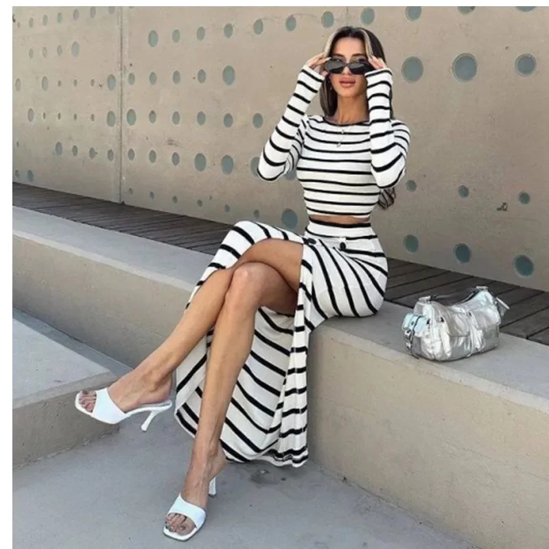 Sheath Striped Pullover Tops Long Sleeve Women Dress Sets Sexy Wrap Buttocks Ankle Length Skirts High Street Button Spliced