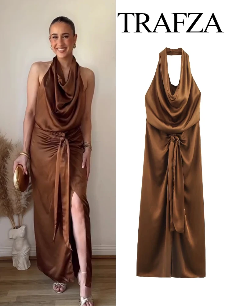 

TRAFZA Women Fashion Solid Satin Texture Sleeveless Midi Dress Female Spring Hanging Neck Collar Zipper Hollow Out Long Dress