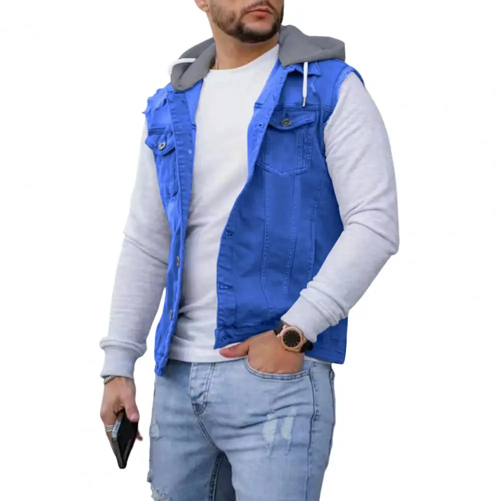 Men Hooded Vest Denim Patchwork Streetwear Autumn Winter Single Breasted Drawstring Waistcoat for Daily Wear