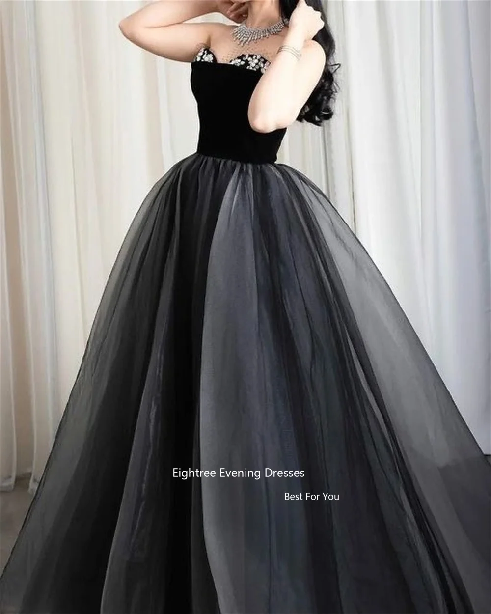 Eightree Black Evening Dresses Tulle Vintage Sequined Strapless Formal Occasion Dresses Abendkleider Dubai Vestidos De Noche