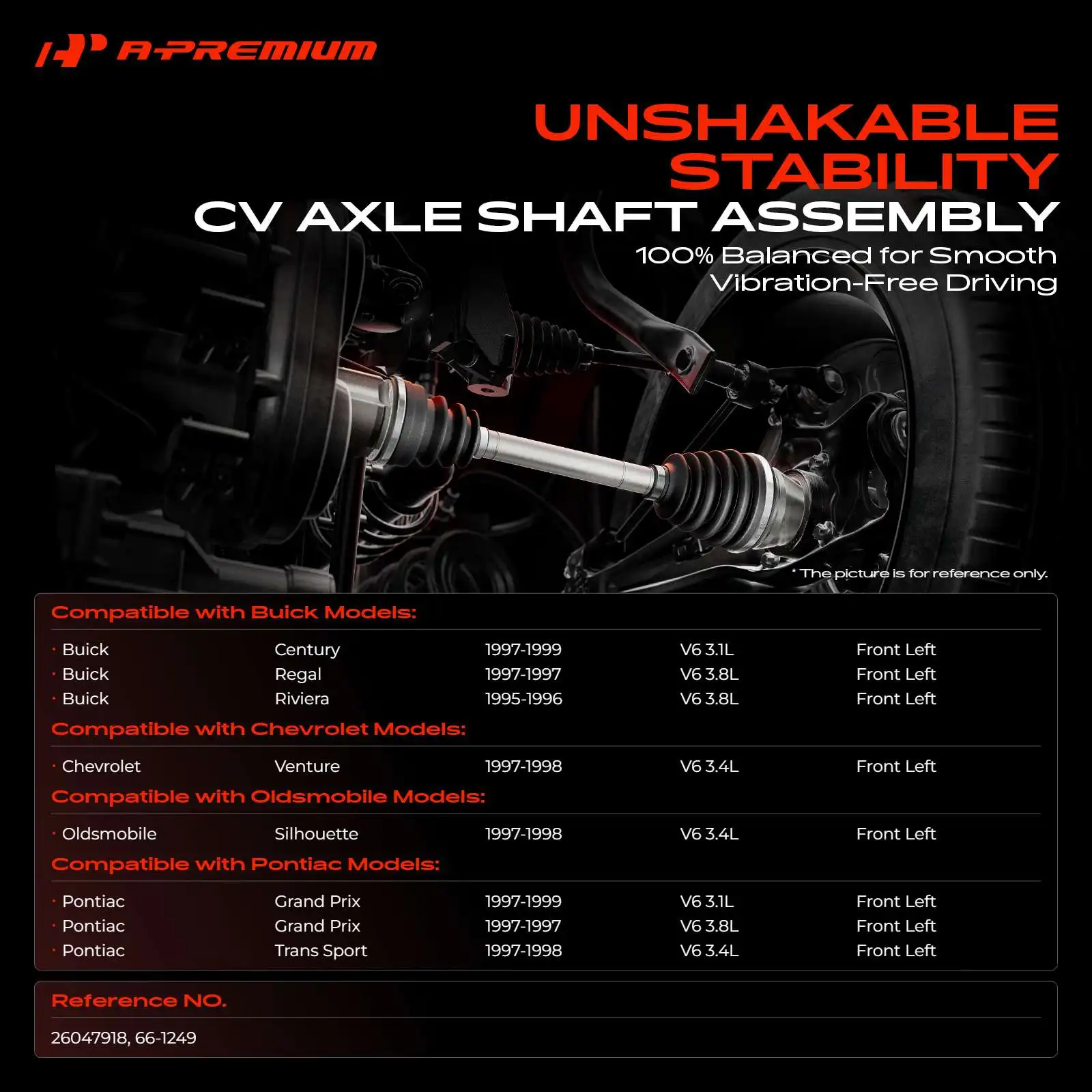 A-Premium Front Driver Side CV Axle Shaft Assembly for Buick Regal 1997 Century 1997-1999 Riviera 1995-1996 Chevrolet Venture