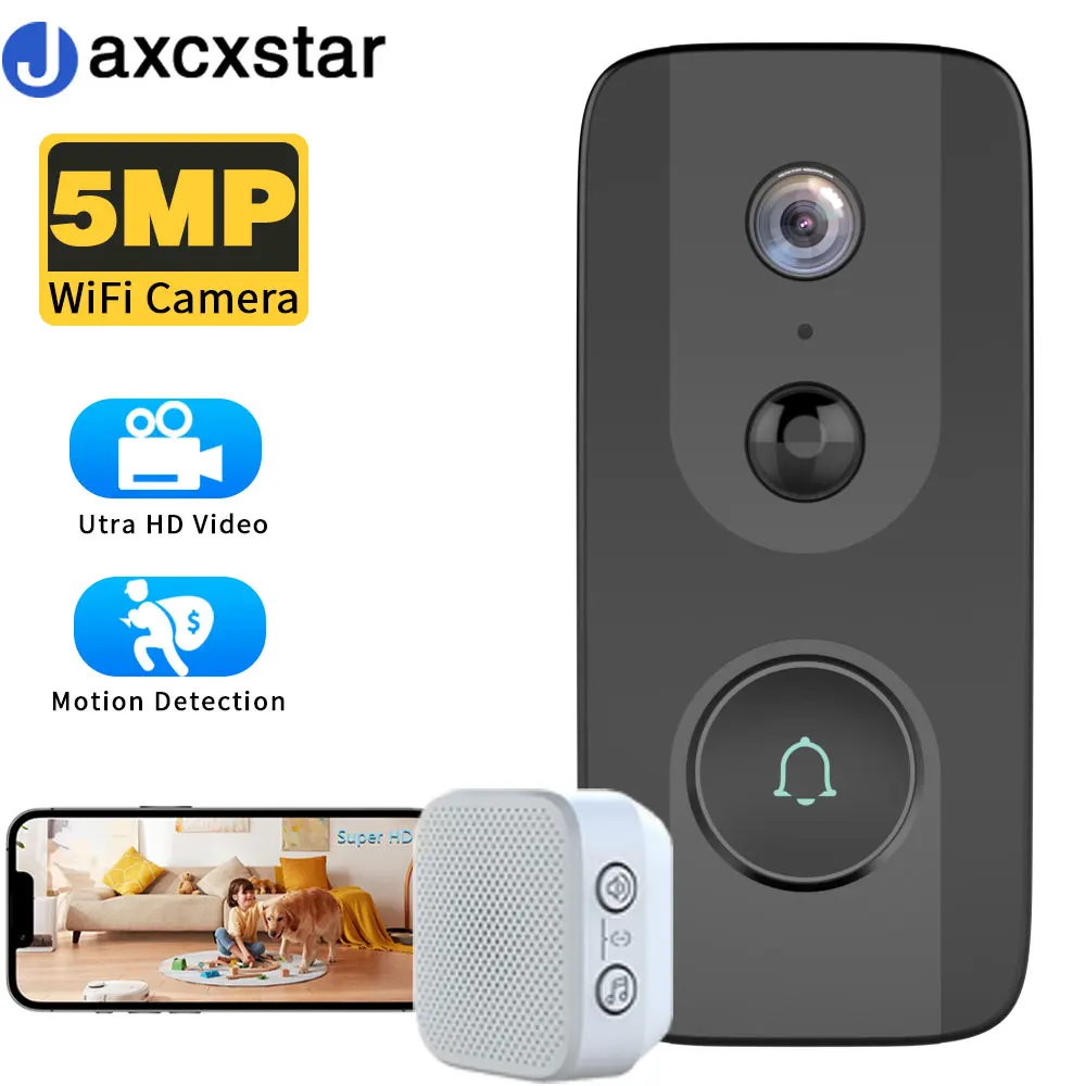 

5MP WiFi Video Doorbell Camera Home Motion Detection Wireless Eechargeable Battery Outdoor Rainproof Two-way Audio HD Camera