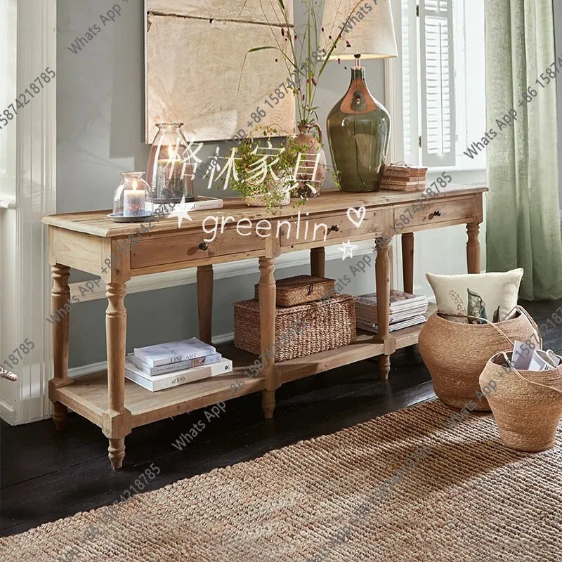 

French country retro old solid wood porch table, sofa back with drawers, log-colored long storage table
