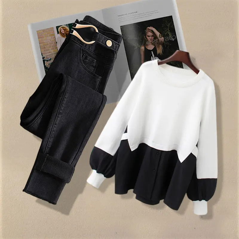 Autumn New Fashion Age Reducing Loose Sweater High Waist Jeans Two-piece Set Elegant Women\'s Pants Set Warm Outfit Coat