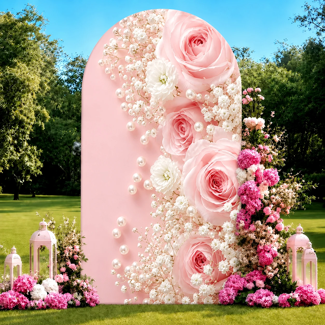 

Pink Rose & Pearl Arch Backdrop Cover Elegant Floral Elastic Fabric Cover for Wedding Bridal Shower Birthday Party Decoration