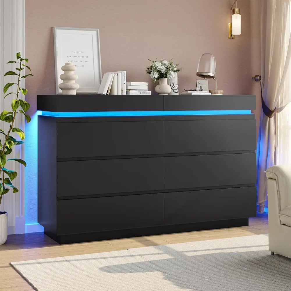 Modern 6 Drawer Dresser with Sliding Desktop, Wide Chest of Drawers with Charging Station & LED Lights, Large Storage Tow