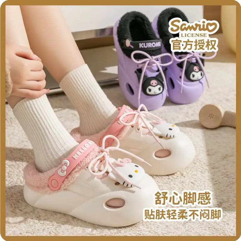 Sanrios My Melody Hello Kittys Plush Slippers Women Kuromi Warm Winter Indoor Slippers Flat Casual Non Slip Girl Home Shoes Gift