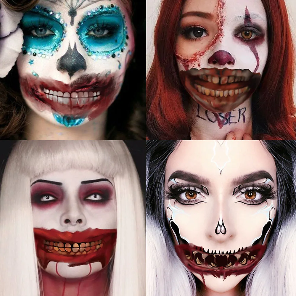 10pcs Halloween Mouth Tattoo Stickers Horror Clown Zombie Scary Tooth Funny Makeup Temporary Tatoo DIY Body Art Tattoos Decals