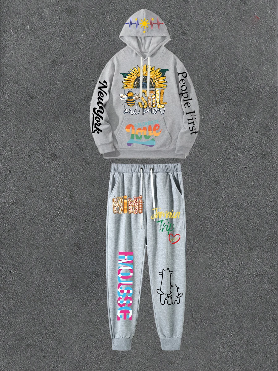 

Gray Double-sided Printed Hoodie Paired With Printed Casual Pants Loose Hoodie Street Style Outfit With Casual Pants