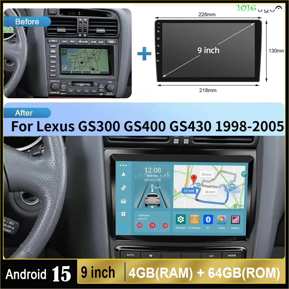 

9 Inch Car Stereo Radio Android 15 4GB+64GB GPS Navi Head Unit with Carplay Compatible for Lexus GS300 GS400 GS430 1998-2005
