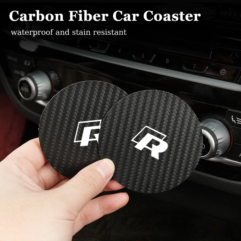 Car Coaster Carbon Fibre Waterproof Bottle Cup Holder Anti-slip Mats For VW R Tiguan CC Jetta Polo Golf Passat Scirocco Touareg