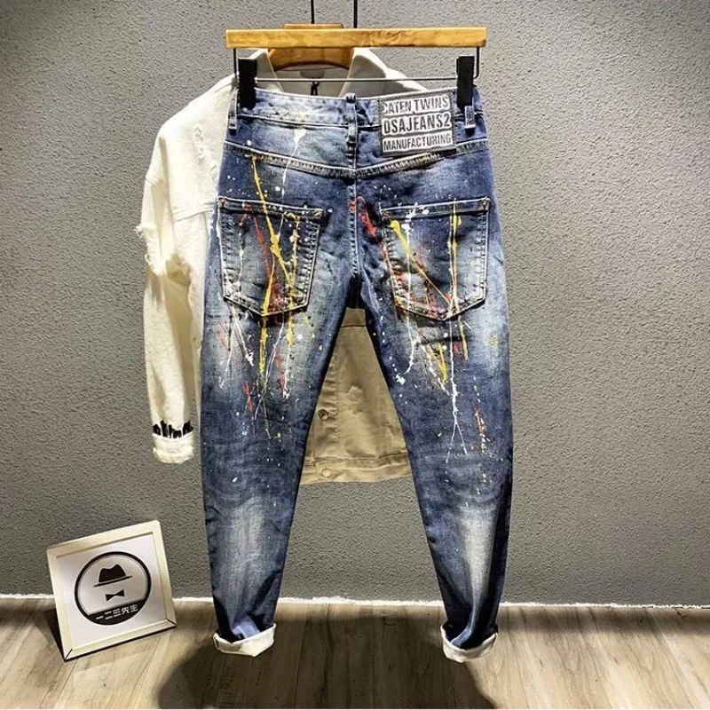 Trousers Star Man Cowboy Pants Cropped Elastic Men\'s Jeans Stretch Light Blue with Print Clothes Y2k 2000s Spring Autumn Washed