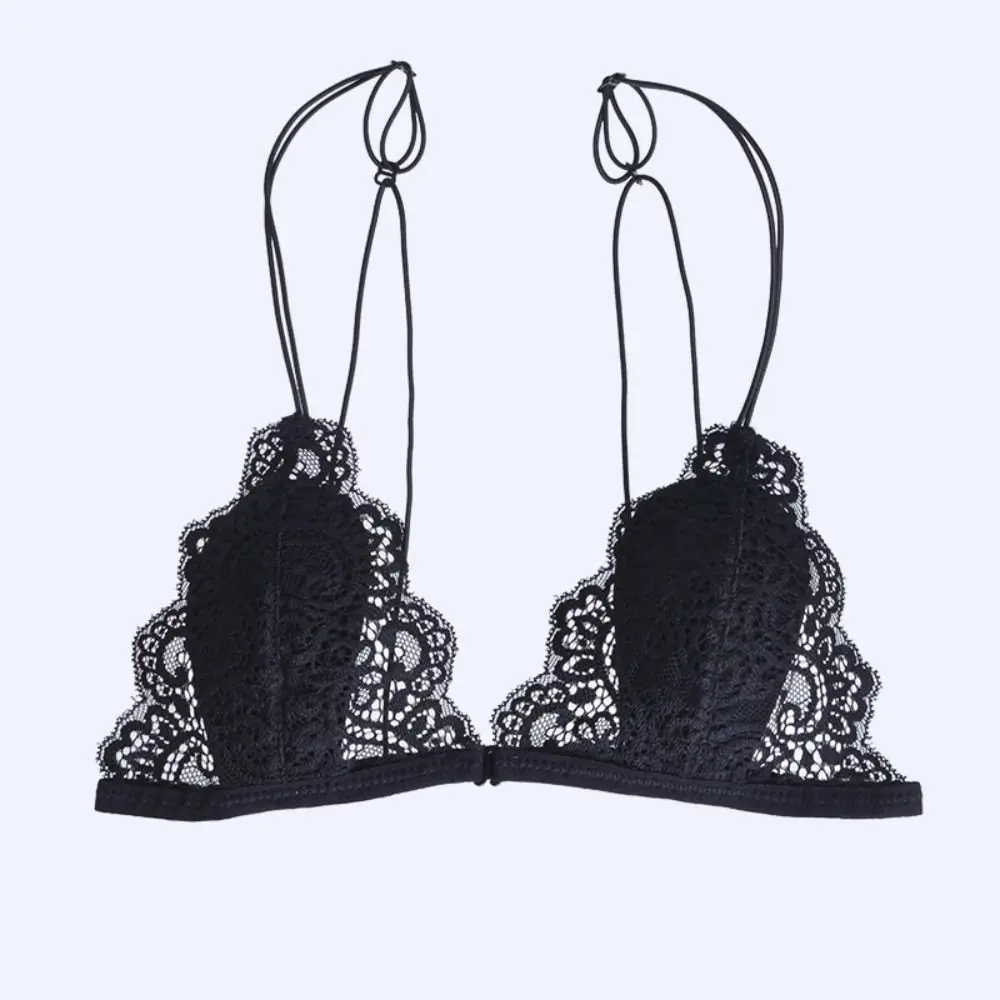 Reggiseni con coppa a triangolo con fibbia anteriore alla moda, bralette in rete di pizzo senza fili con scollo a V profondo, biancheria intima sottile trasparente senza cuciture da donna