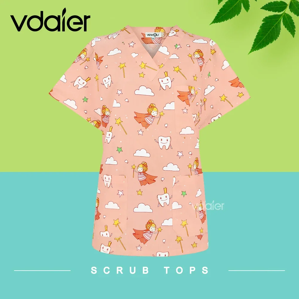 wholesale Cotton Cartoon print uniform beauty salon Pet shop uniform Fashion Slim Fit scrub clothes women Medical scrub tops