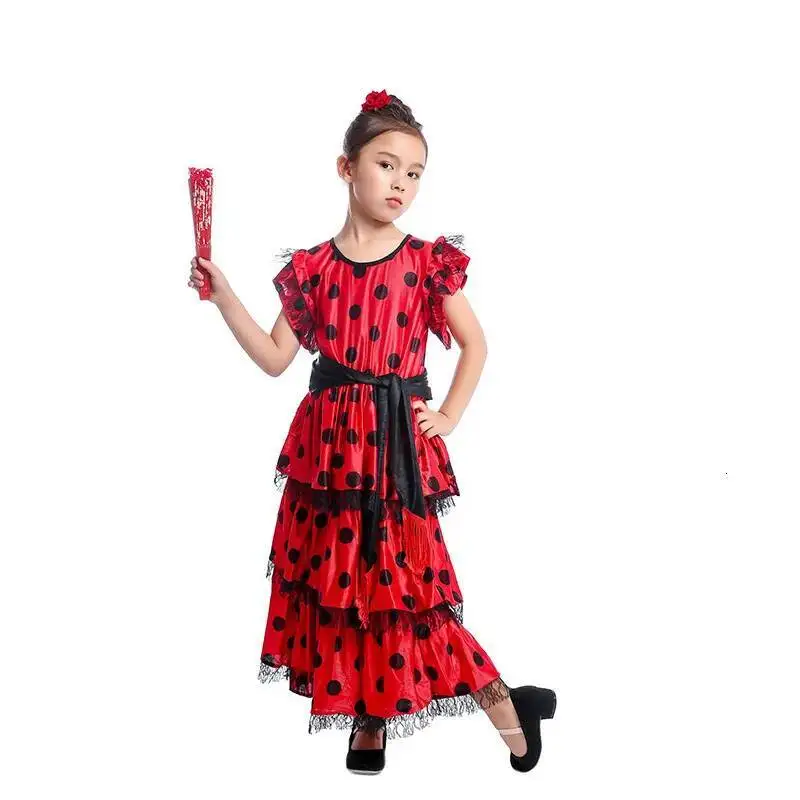 Falda de flamenco español liso de satén rojo y negro, traje de baile con cordones para mujer, vestido de salón para madre e hija de 360-720 grados