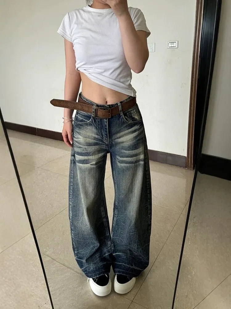 Retro Large Size Women's Jeans  Whitewashed Casual Straight Leg Loose Fit Pants Korean Style High Waist Denim Skinnies