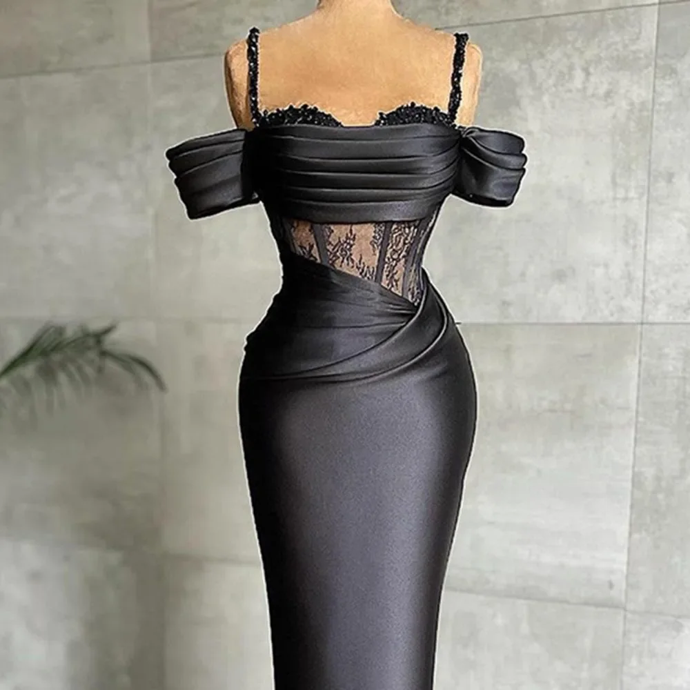 Black Evening Dresses Fashion Spaghetti Straps Lace Party Gowns Elegant Pleat Floor Length Straight Prom Dresses for Women