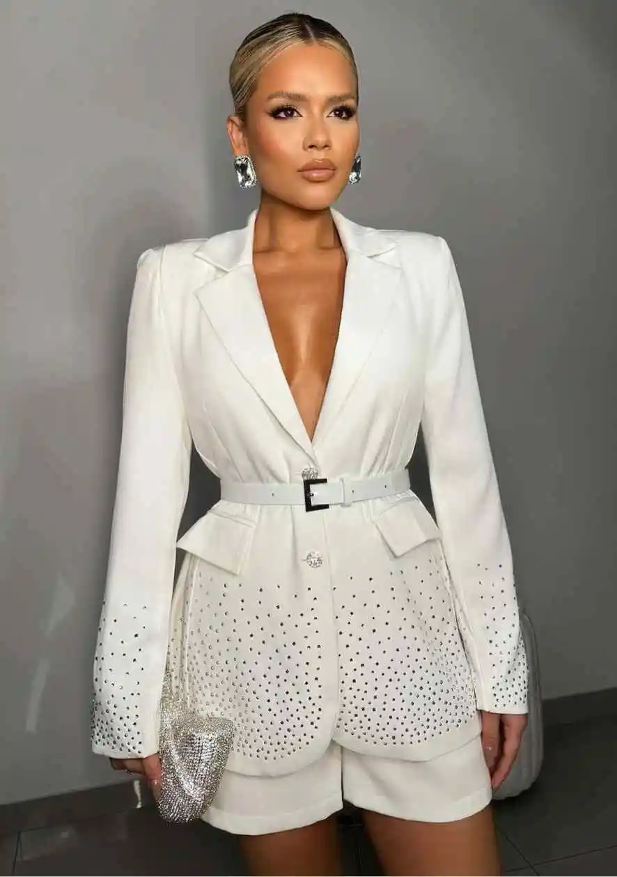 2 Piece Set Luxury Women Suits  Diamond Simple Beads Notched Lapel Single Breasted Plus Size African Women Blazer Customized