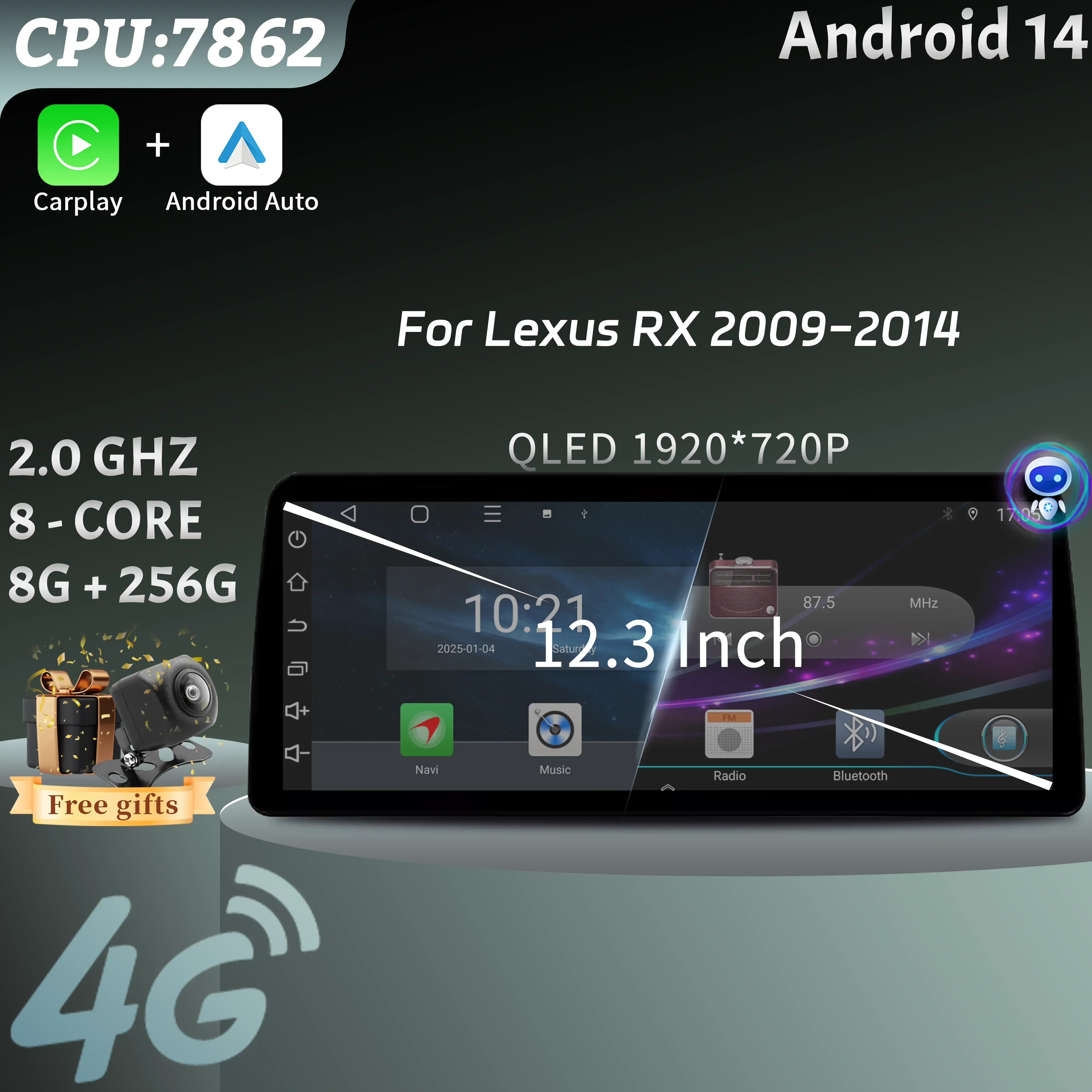 Radio Multimedia para Auto Android 15 de 12.3 Pulgadas para Lexus RX 2009-2014, Navegación GPS 4G Inalámbrica, Carplay, Pantalla Táctil