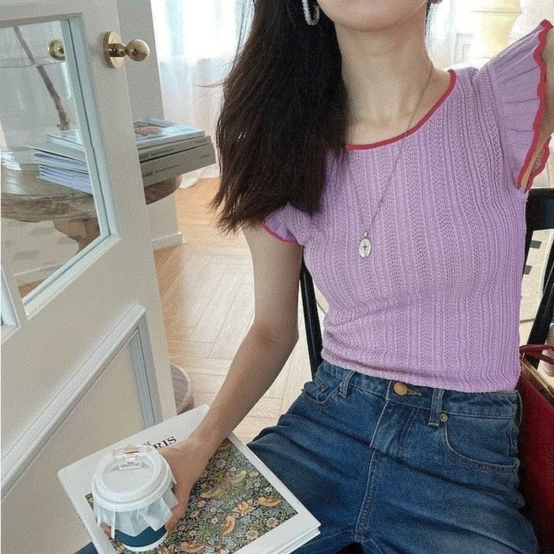 

Patchwork Tanks Women Summer Hollow Out Knitted Thin Slim Streetwear Cozy Korean Style Vintage Fashion Leisure All-match Tender