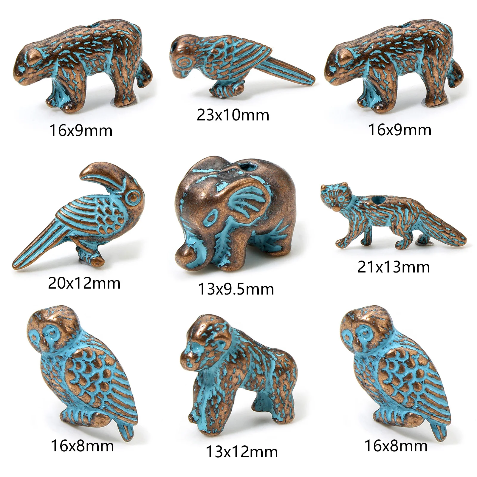 20pcs Bohemian Style Patina Spacer Beads Antique Copper Blue Animal Elephant Bird Metal Beads For DIY Necklace Jewelry Making