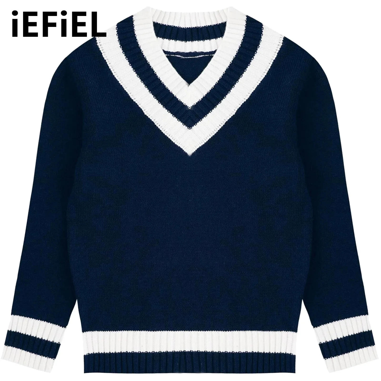 

Kids Unisex School Uniform Sweater Boys Girls Striped Trim Knitted Pullover Casual V-neck Long Sleeves Sweater