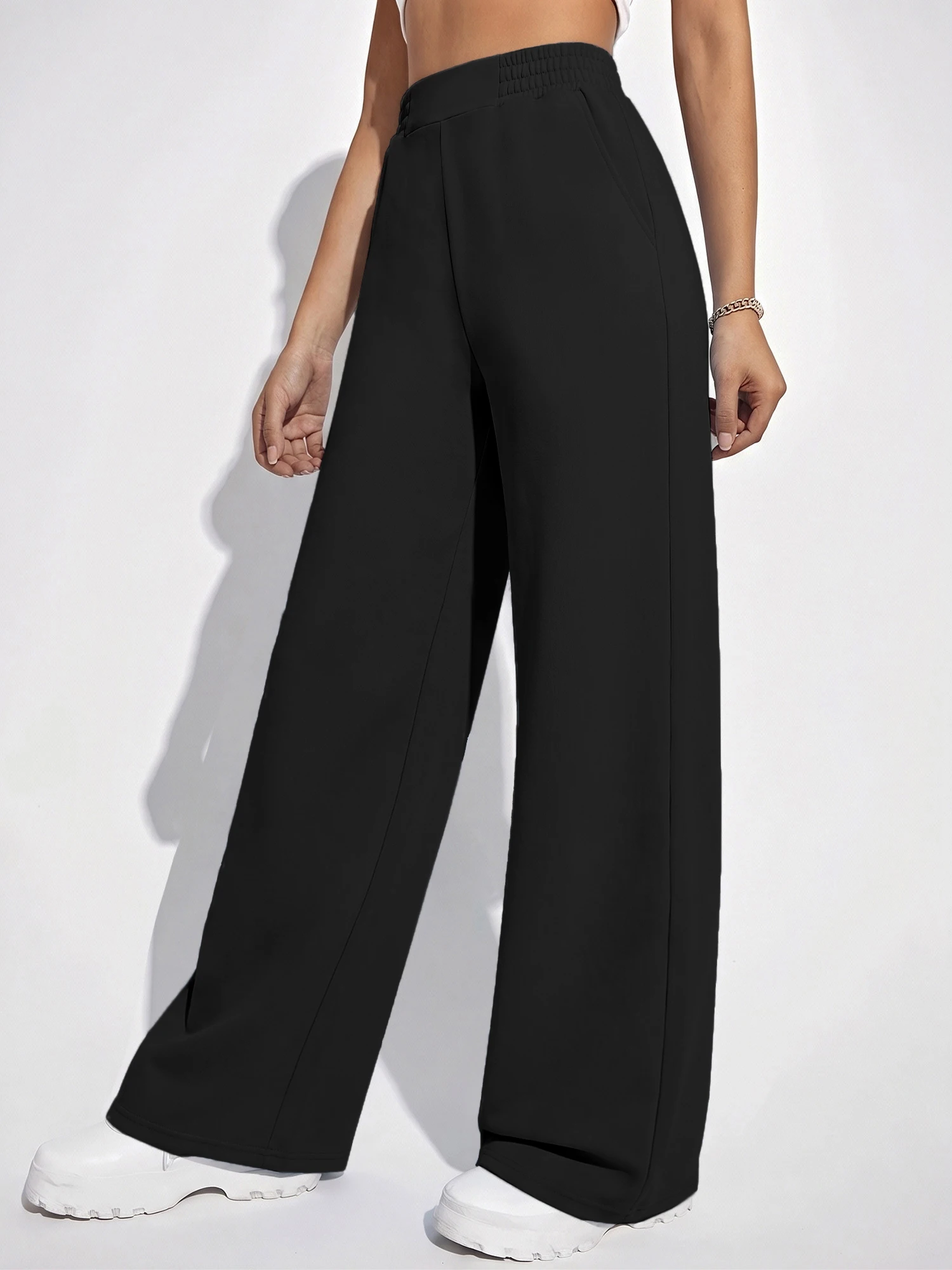 Elastic Waist Wide Leg Active Pants, Side Pockets Soft Fabric for Spring Fitness & Outdoor Walks