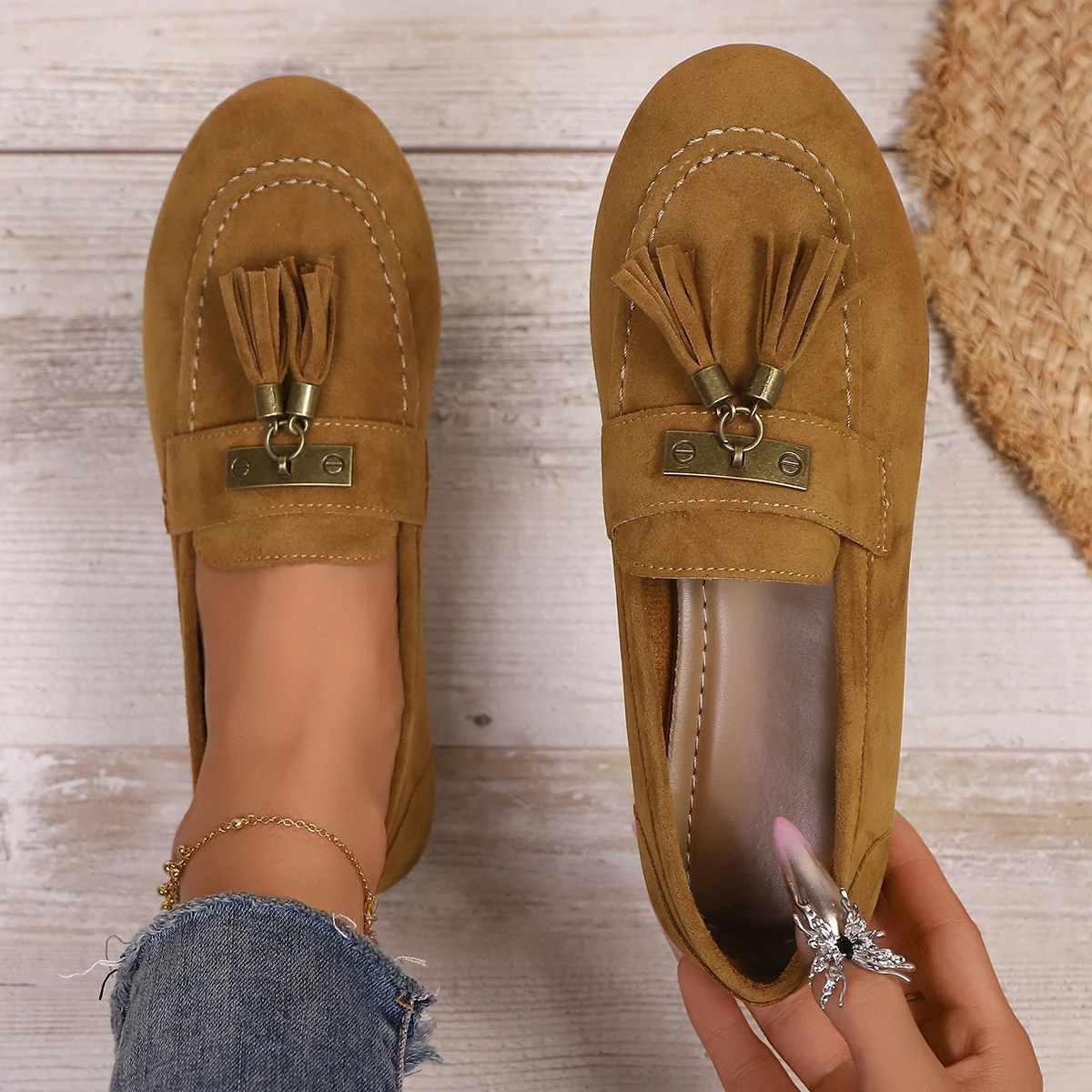 

Женские прогулочные туфли на плоской подошве с круглым носком, женские удобные лоферы для отдыха, уличные кроссовки на плоской подошве с кисточками, женские Zapatos De Mujer