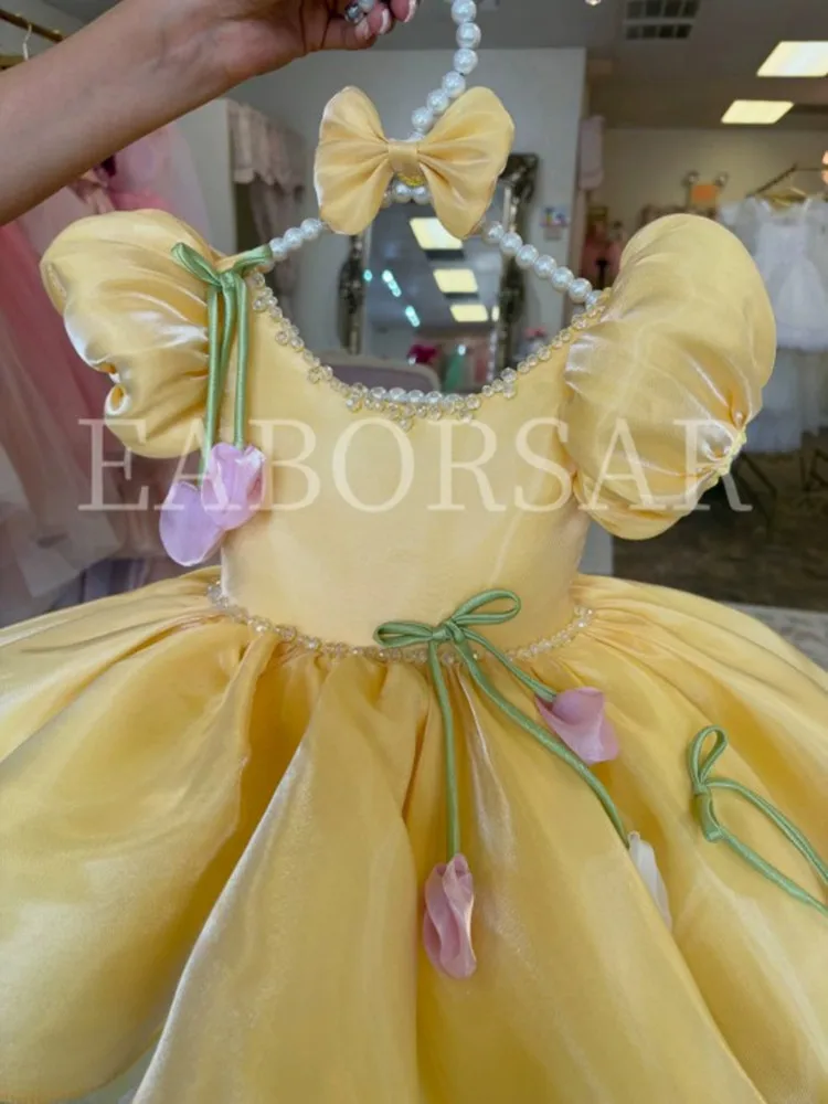 Neues Kinderkleid mit Puffärmeln für Klavieraufführungen, Geburtstagsfeiern und Partys A5019 Vestidos Blumenmädchenkleider – Detail 4