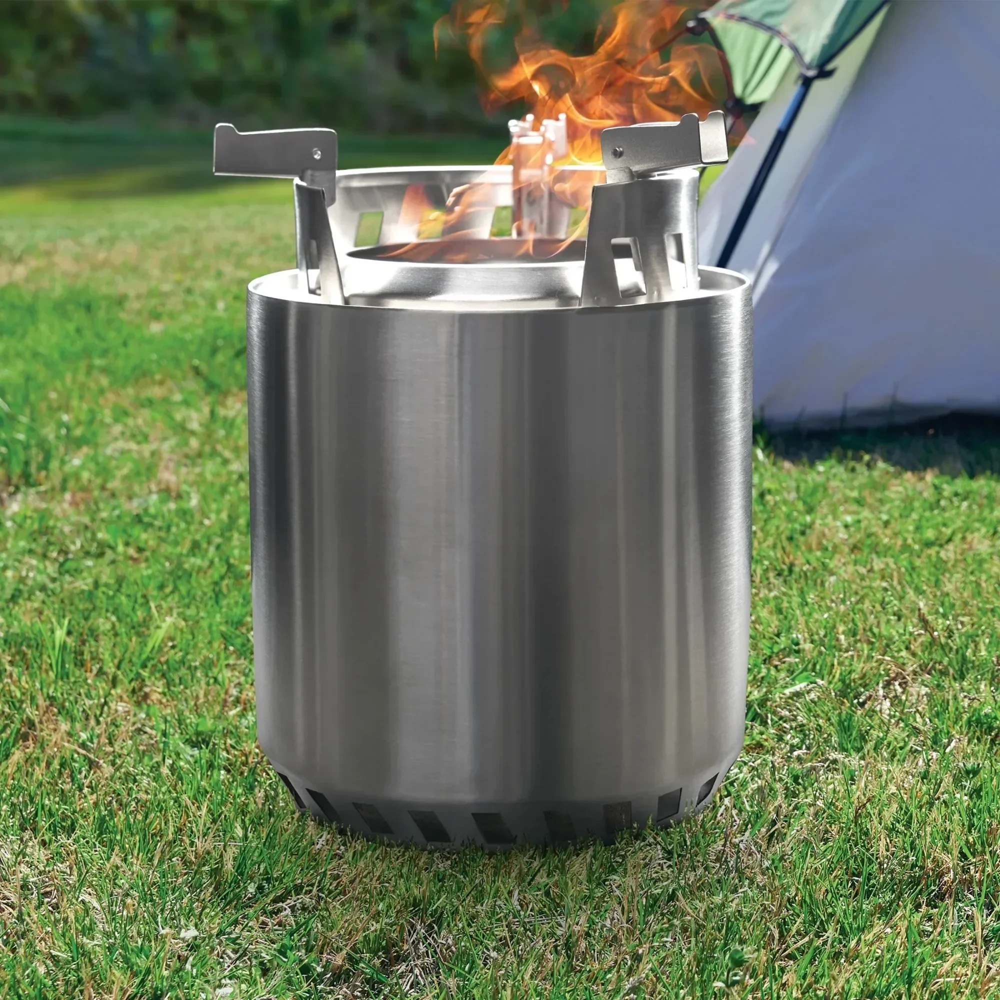 7 ''D الفولاذ المقاوم للصدأ متكامل لحرق الخشب مخيم Firepit، شواية شواء شواية الفحم شواية شواء شواية محمولة في الهواء الطلق