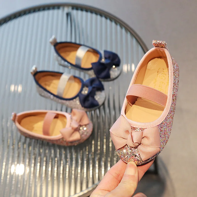 Meisjes Casual Schoenen Kids Flats Prinses Glitter Leren Schoenen Kinderen Vlinderdas Muiltjes Pailletten Mode 2024 Nieuwe Feest Balletschoenen