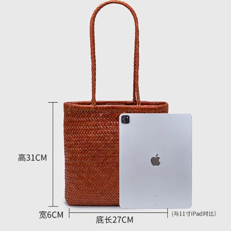 Vintage shopping home shoulder bag handwoven for women, Japanese cow skin bag French beach bag