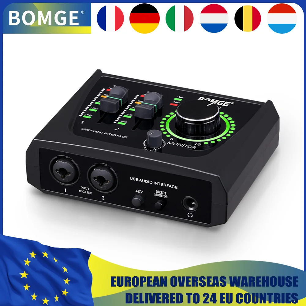 BOMGE 2 Channel USB Audio Interface for Recording, Streaming and Podcasting with XLR/48V Phantom Power Studio for Guitarists