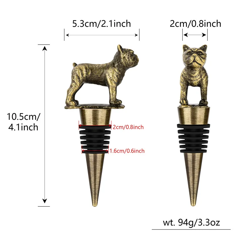 Metal Wine Stopper French Bulldog with Carved Hair Bottle Stoppers for Kitchen Bar Club Wedding Celebration Accessory