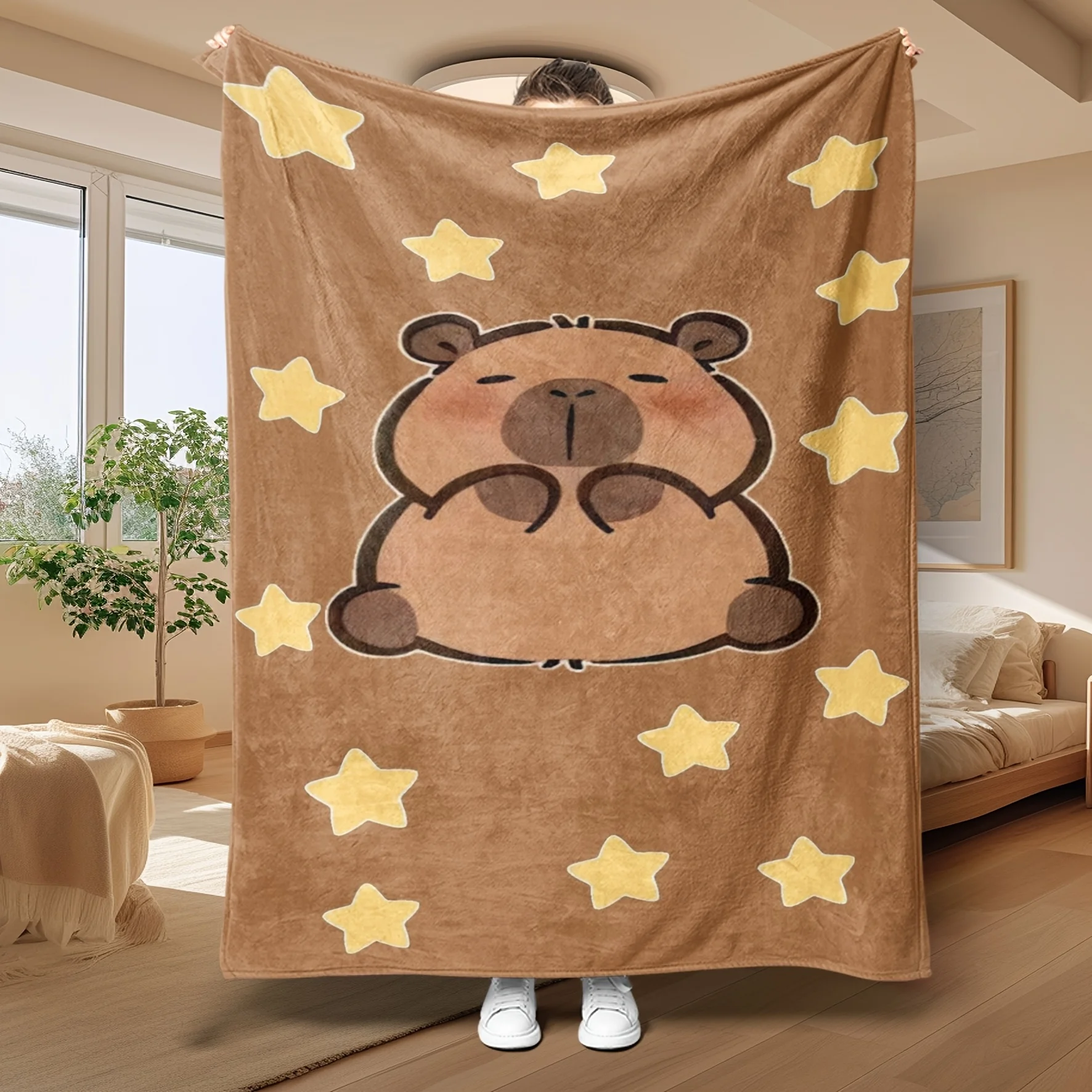 Capybara Star Flannel Blanket - Cute Design, Extra Soft Plush, All-Season Use, Machine Washable, Multiple Sizes
